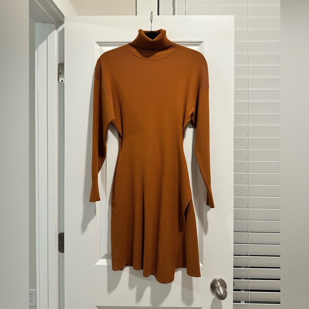 Golden Brown Turtleneck Sweater Dress